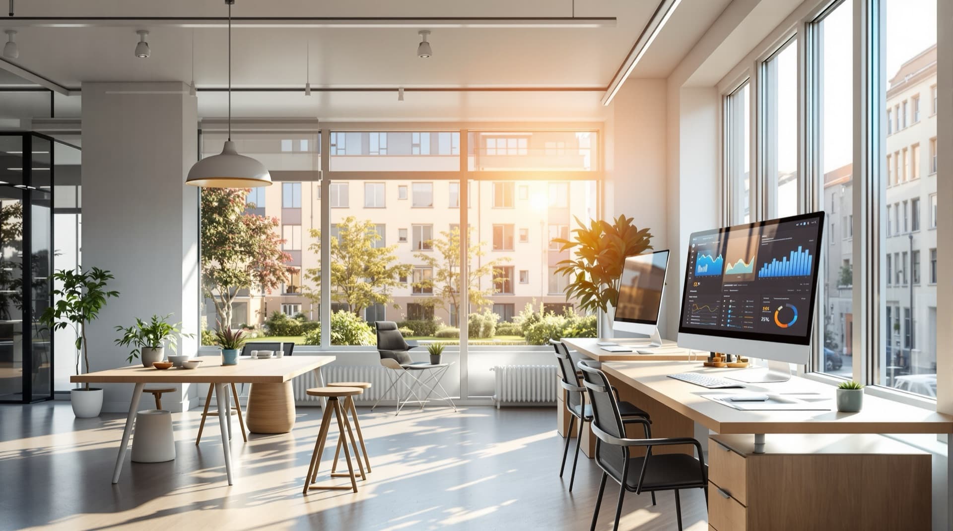 Modernes Büro einer Hausverwaltung mit Blick auf Mehrfamilienhäuser